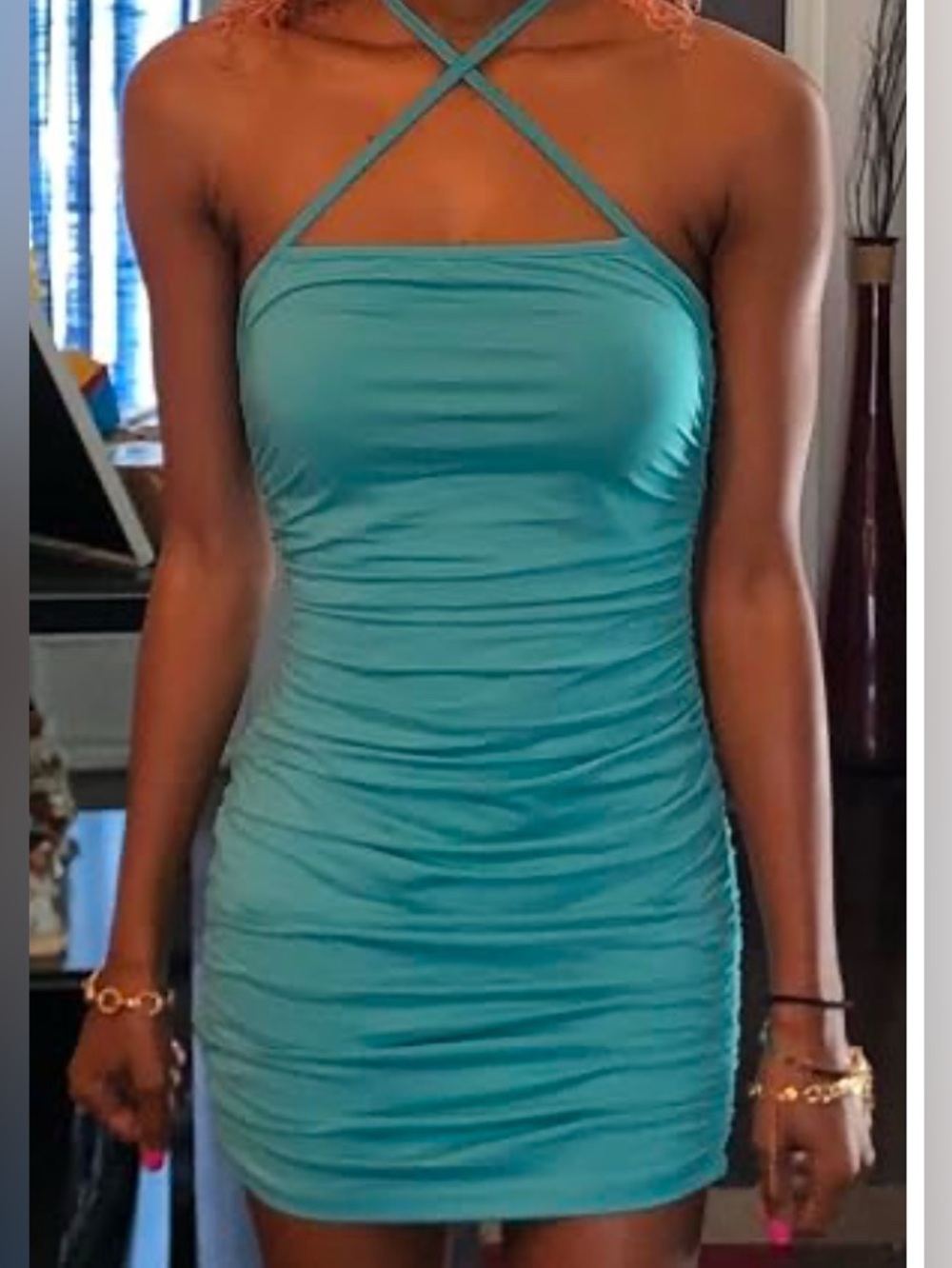 Women’s Teal Draped Slip Dress - Elegant Ruched Detail